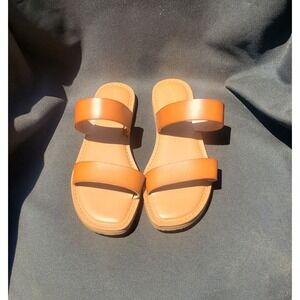 Universal Thread Sandals Womens 8.5 Dora Slip On Two Strap Flats Slide Brown